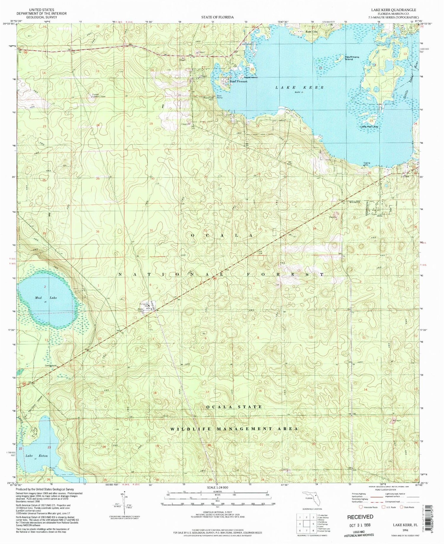 Classic USGS Lake Kerr Florida 7.5'x7.5' Topo Map Image