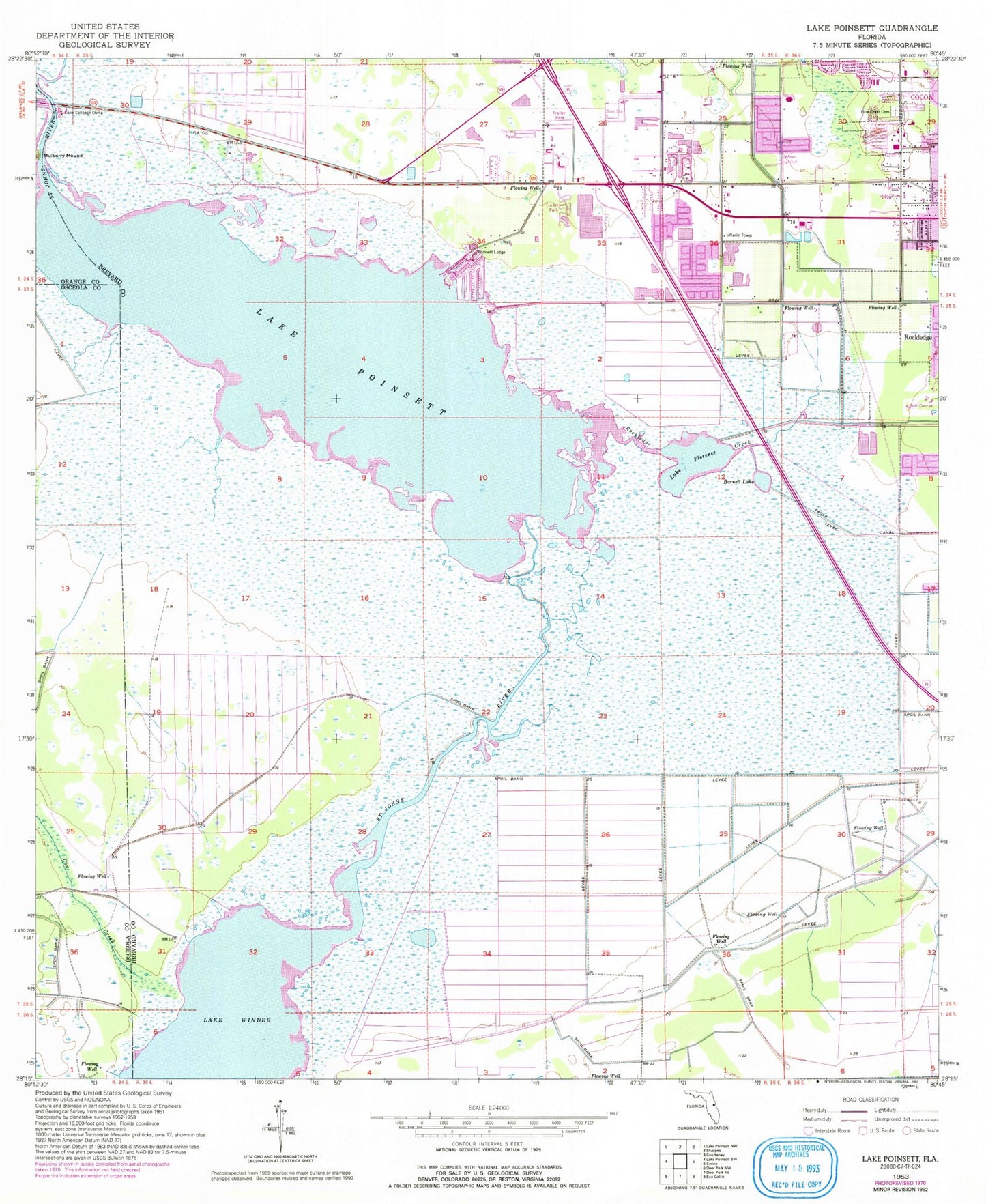 Classic USGS Lake Poinsett Florida 7.5'x7.5' Topo Map Image