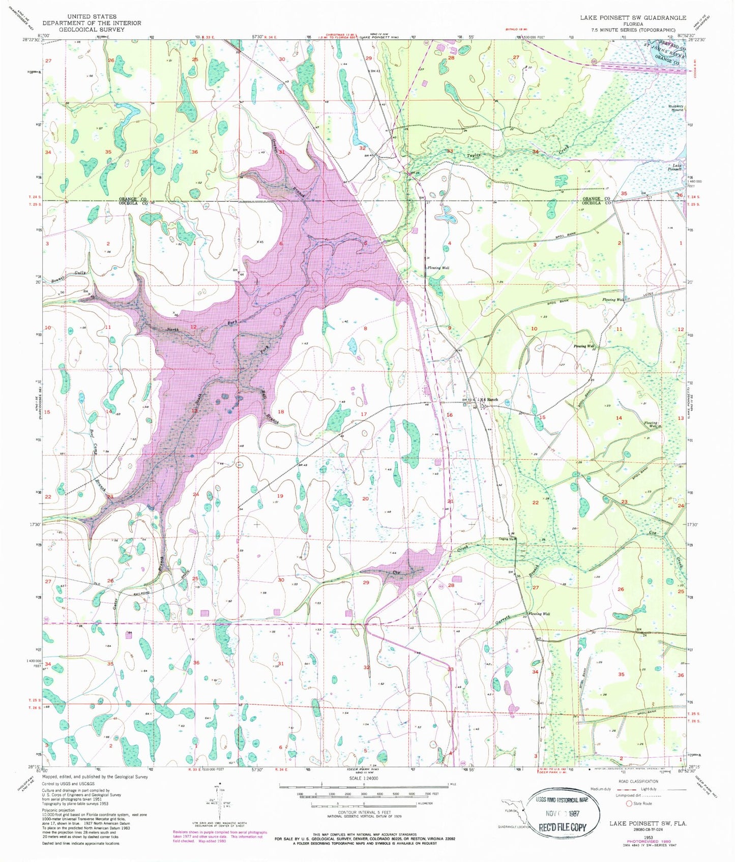 Classic USGS Lake Poinsett SW Florida 7.5'x7.5' Topo Map Image