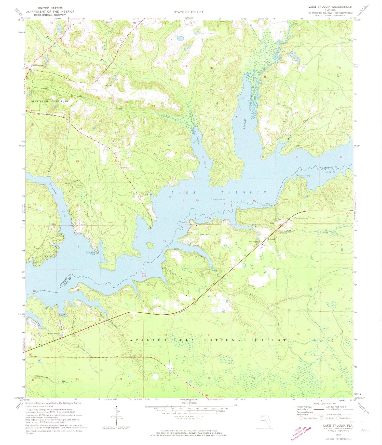 Classic USGS Lake Talquin Florida 7.5'x7.5' Topo Map Image