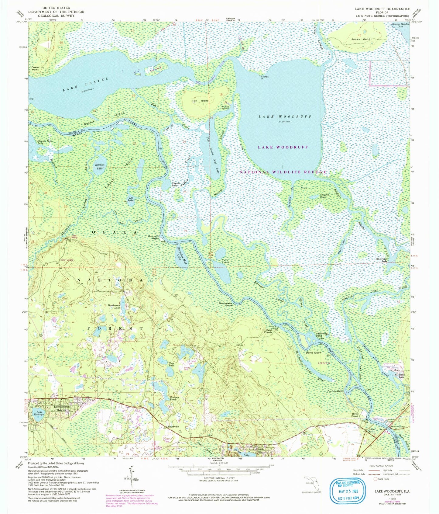 Classic USGS Lake Woodruff Florida 7.5'x7.5' Topo Map Image