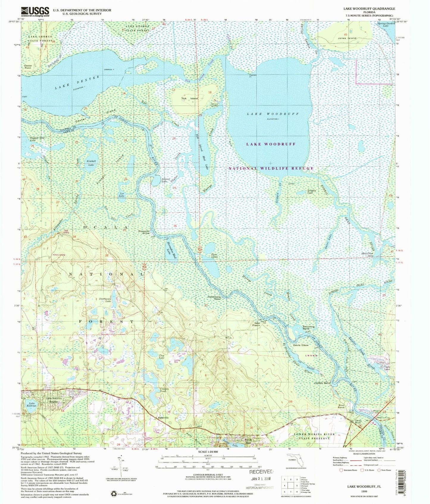 Classic USGS Lake Woodruff Florida 7.5'x7.5' Topo Map Image