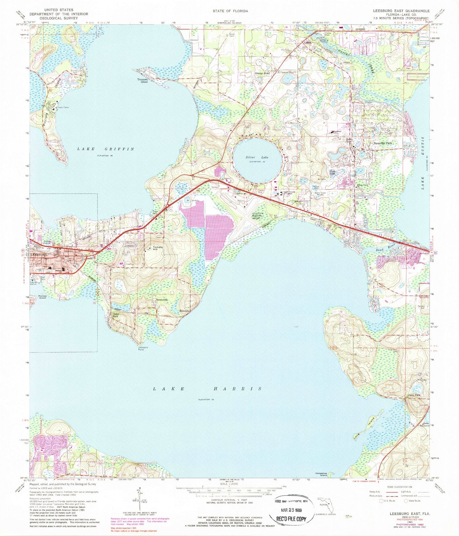 Classic USGS Leesburg East Florida 7.5'x7.5' Topo Map Image