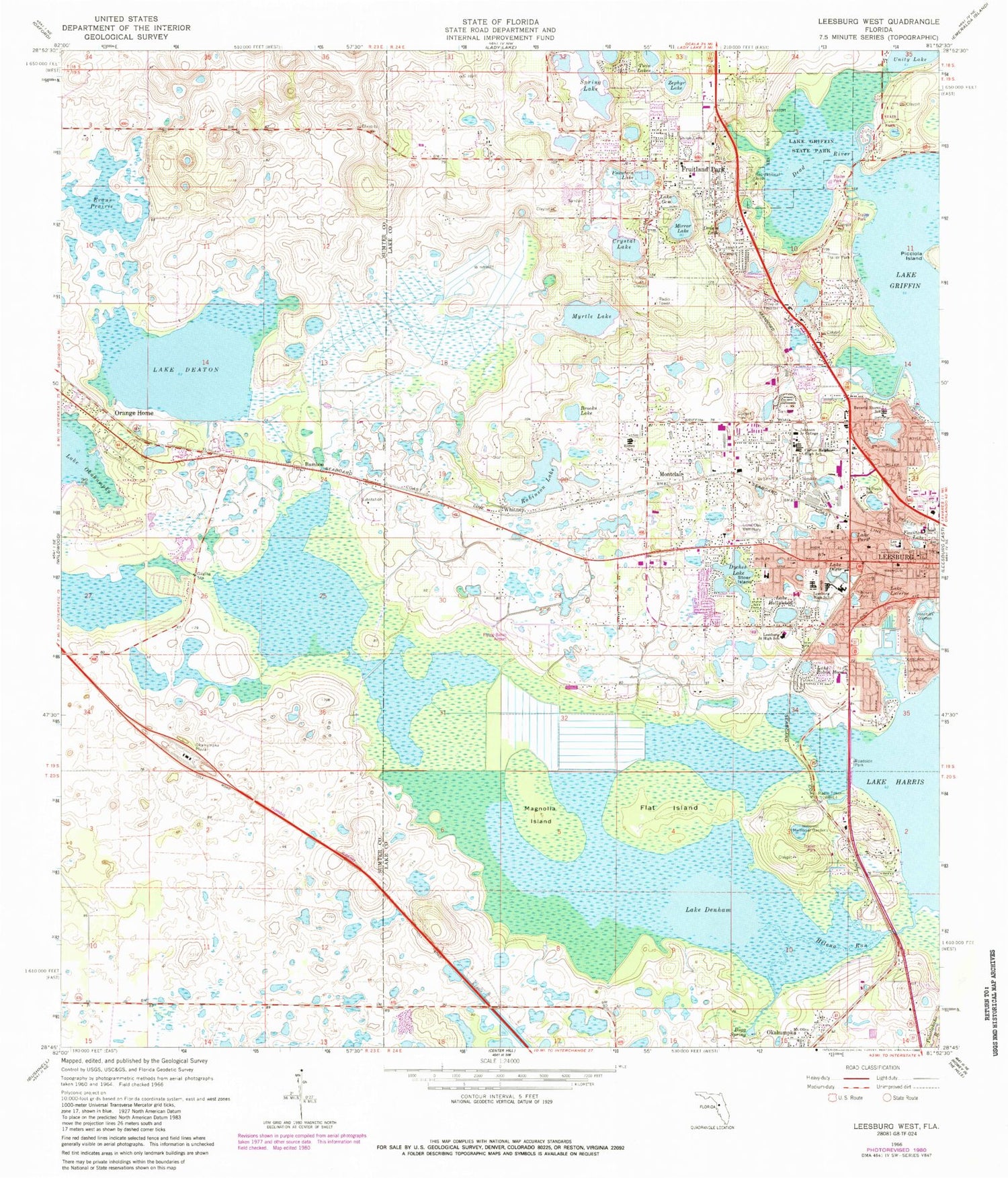 Classic USGS Leesburg West Florida 7.5'x7.5' Topo Map Image