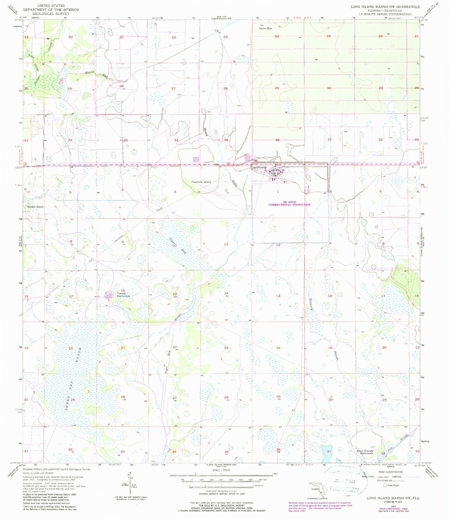 Classic USGS Long Island Marsh NW Florida 7.5'x7.5' Topo Map Image