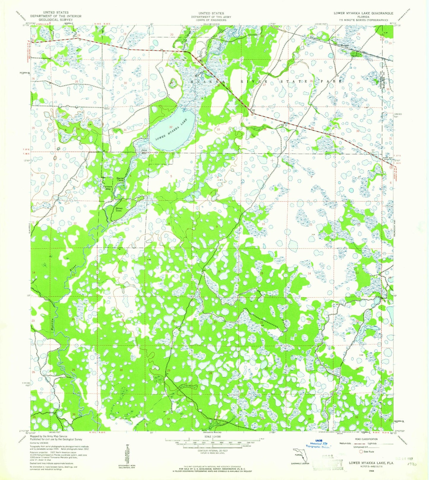 Classic USGS Lower Myakka Lake Florida 7.5'x7.5' Topo Map Image
