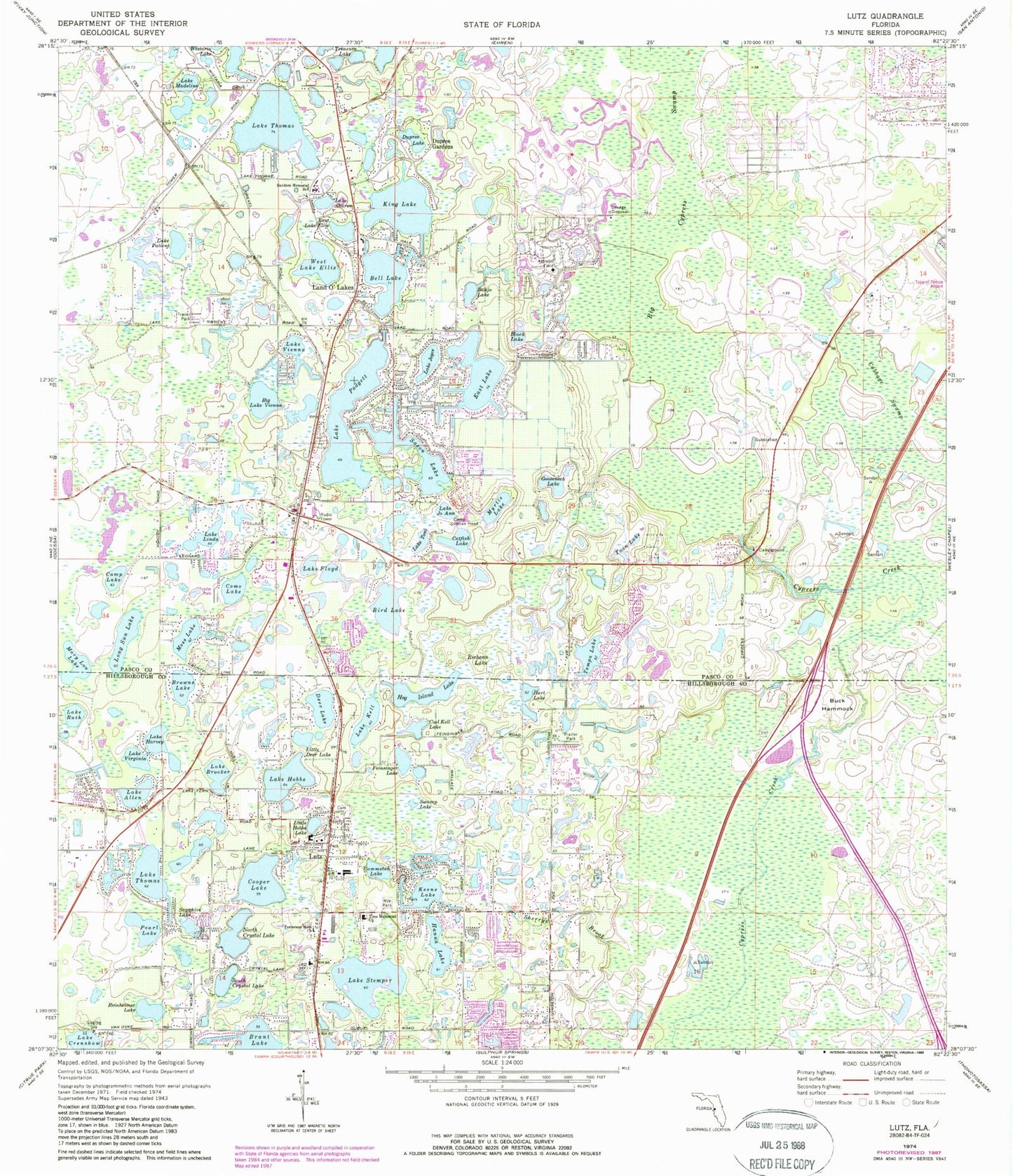Classic USGS Lutz Florida 7.5'x7.5' Topo Map Image