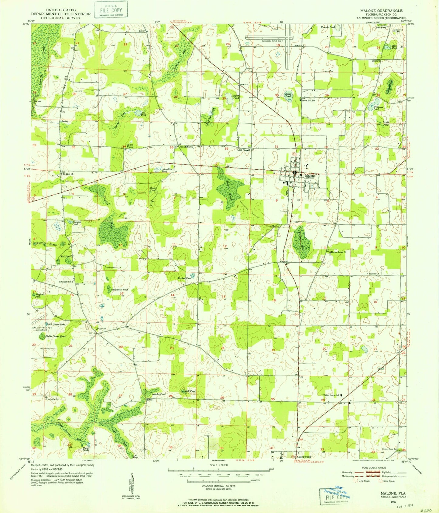 Classic USGS Malone Florida 7.5'x7.5' Topo Map Image