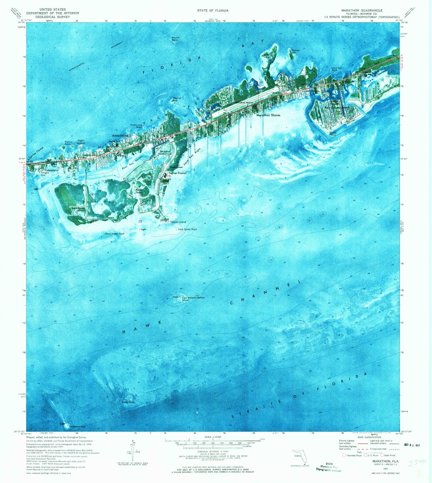 Classic USGS Marathon Florida 7.5'x7.5' Topo Map Image