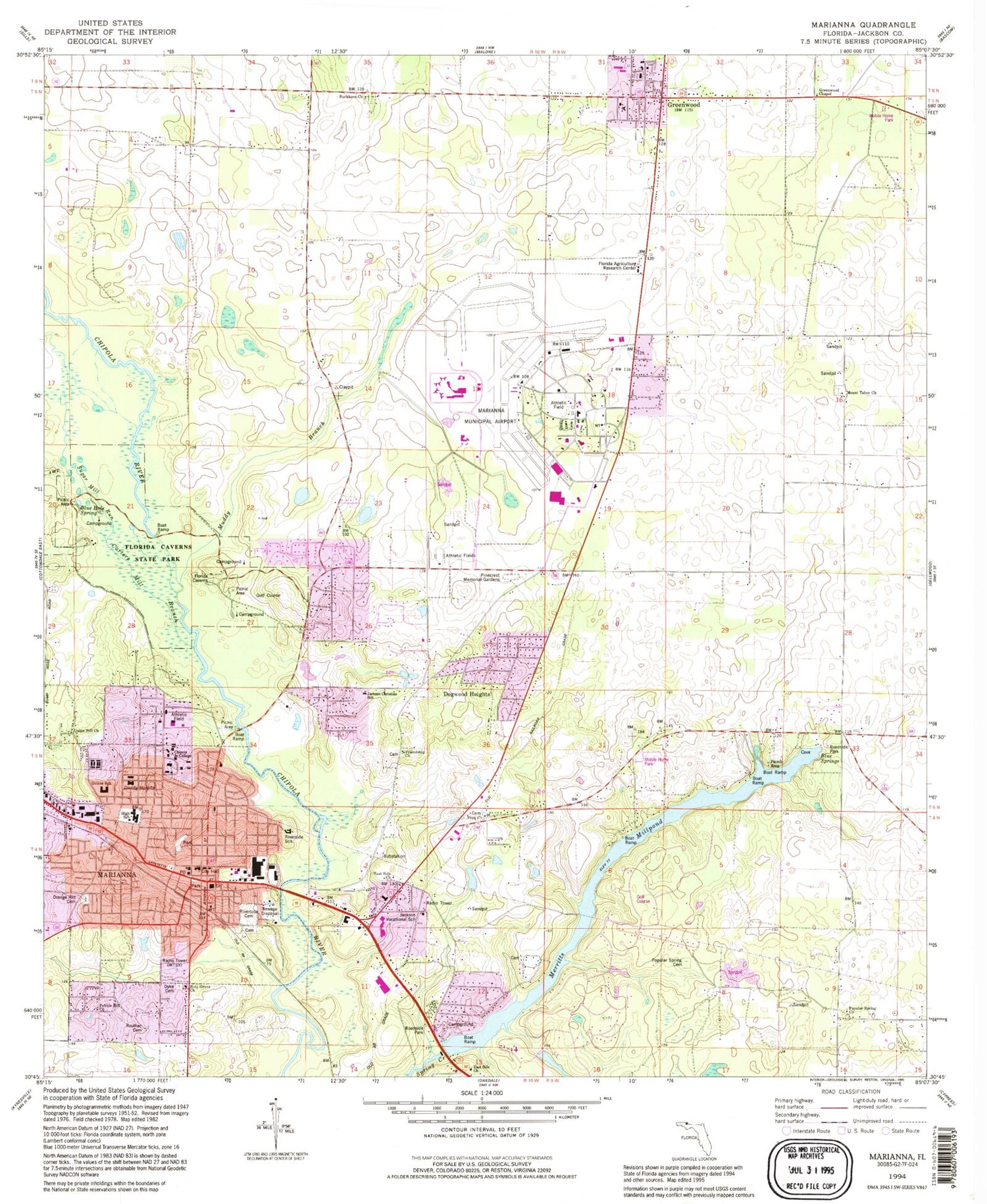 Classic USGS Marianna Florida 7.5'x7.5' Topo Map Image