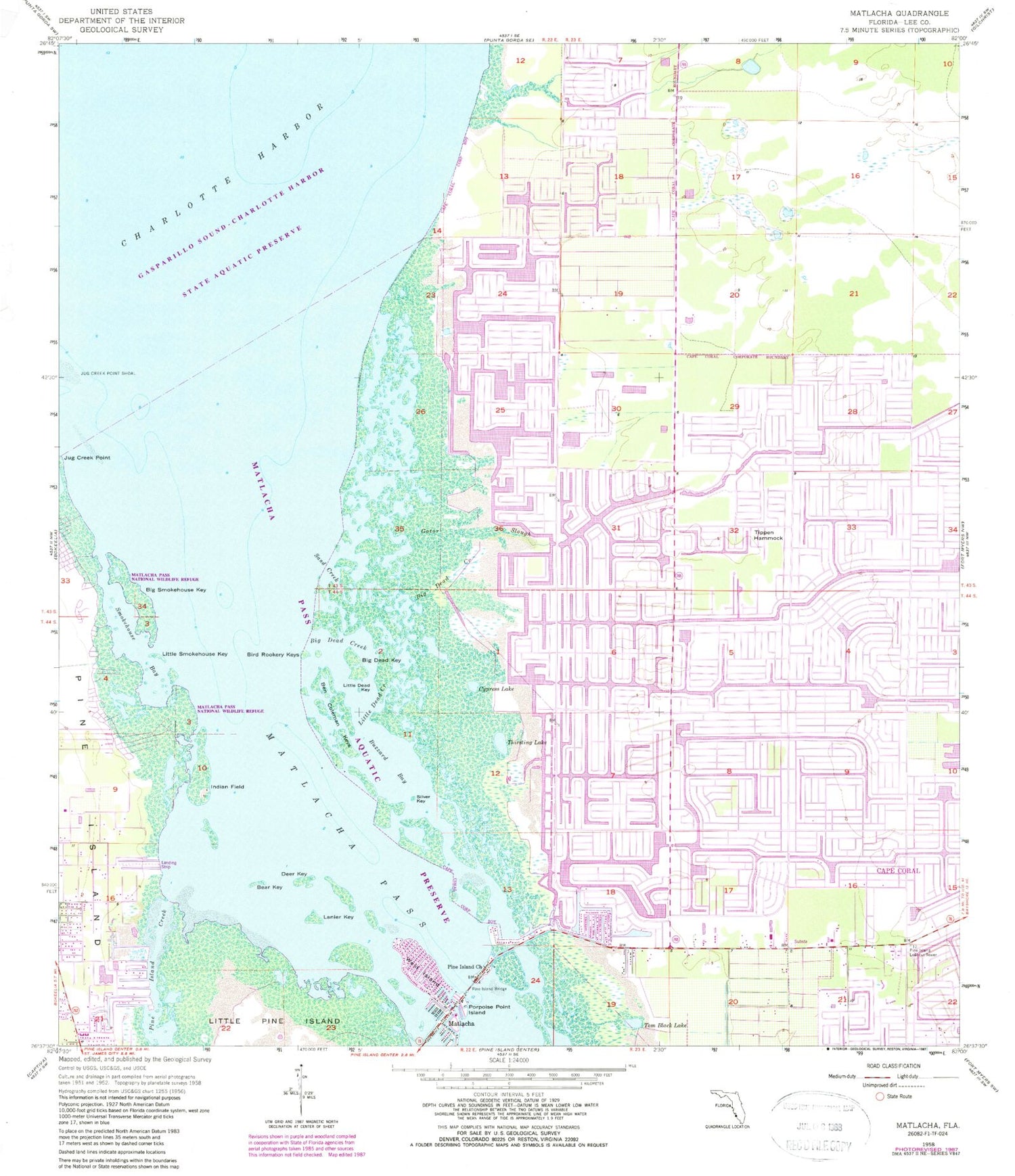 Classic USGS Matlacha Florida 7.5'x7.5' Topo Map Image
