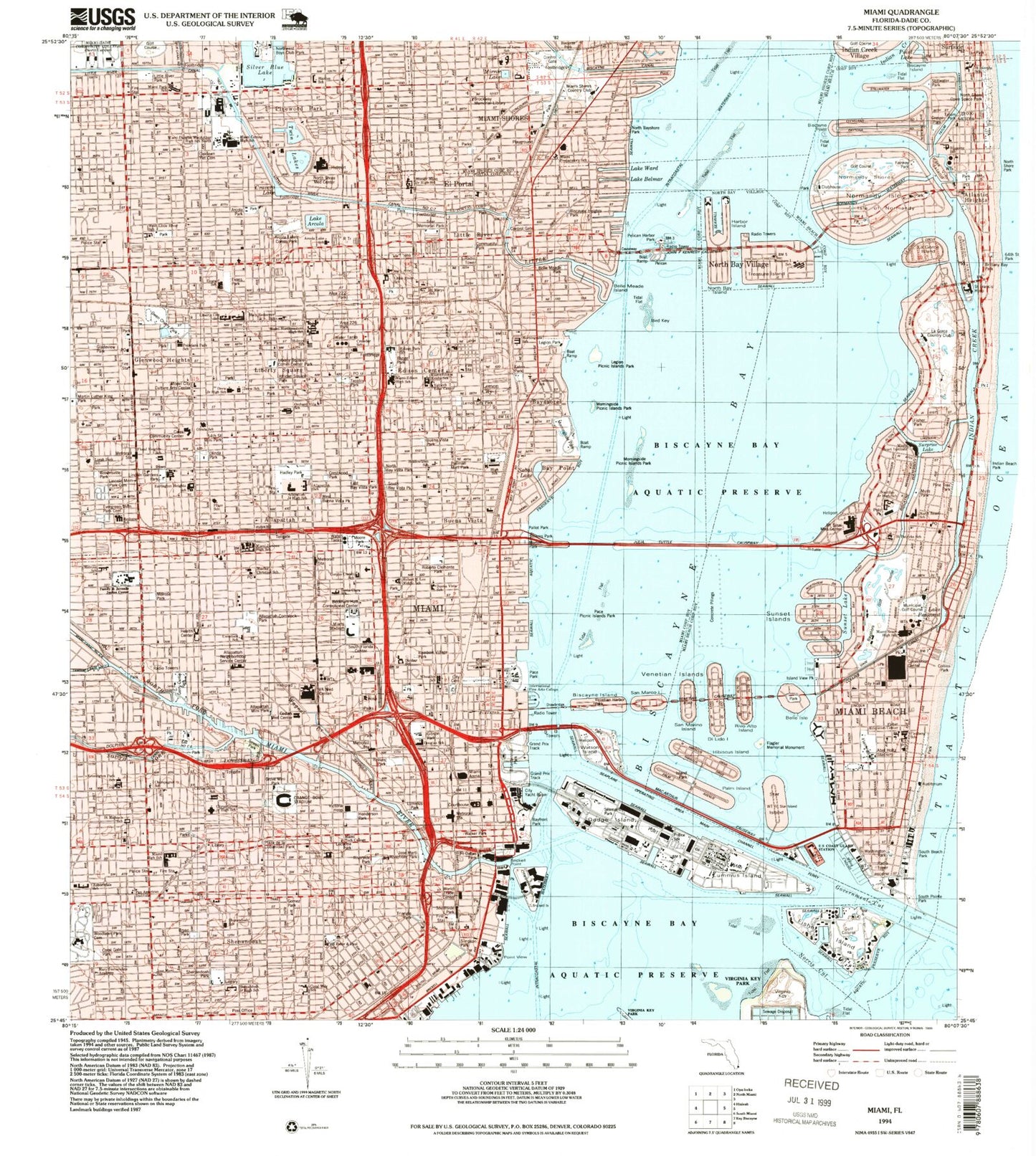 Classic USGS Miami Florida 7.5'x7.5' Topo Map Image