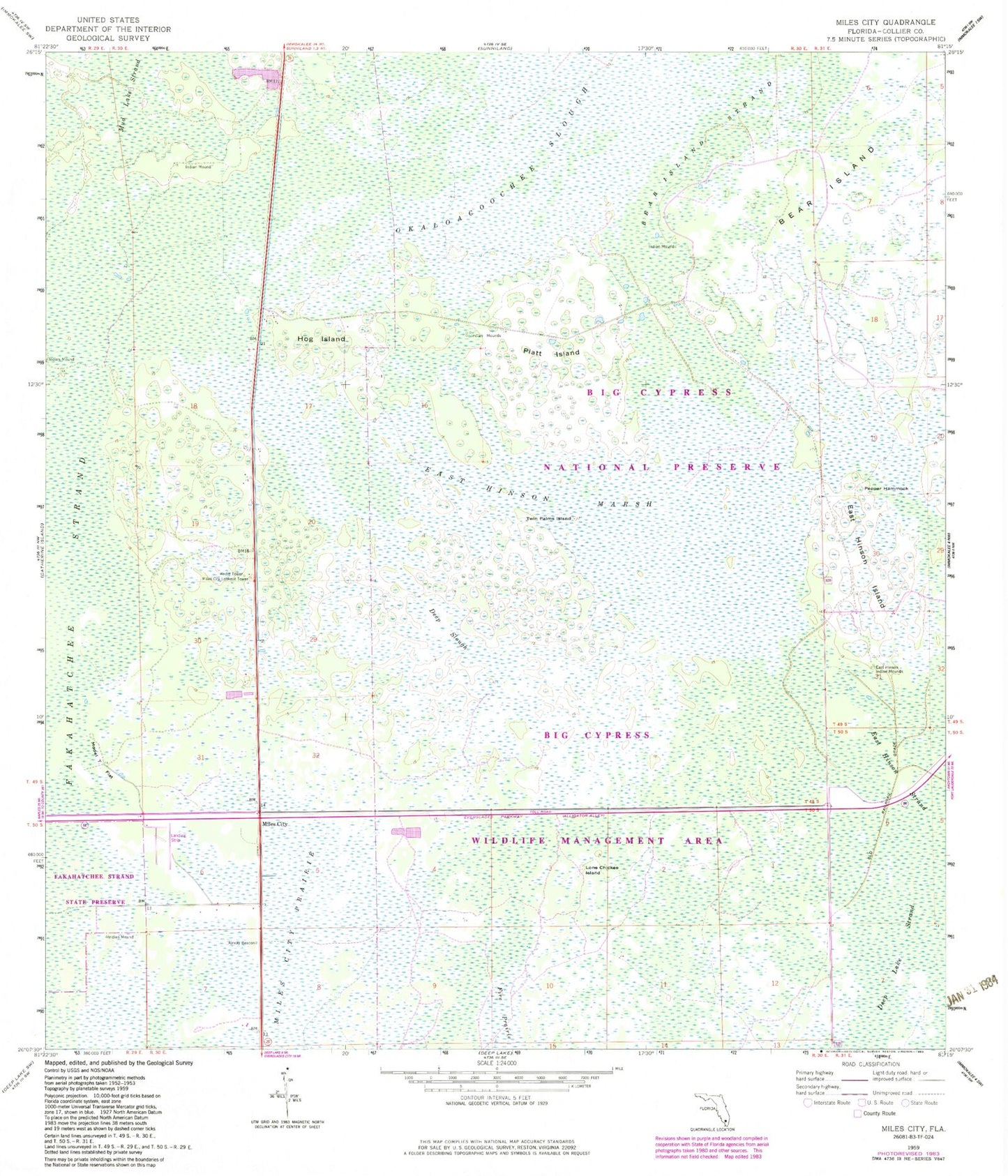 Classic USGS Miles City Florida 7.5'x7.5' Topo Map Image