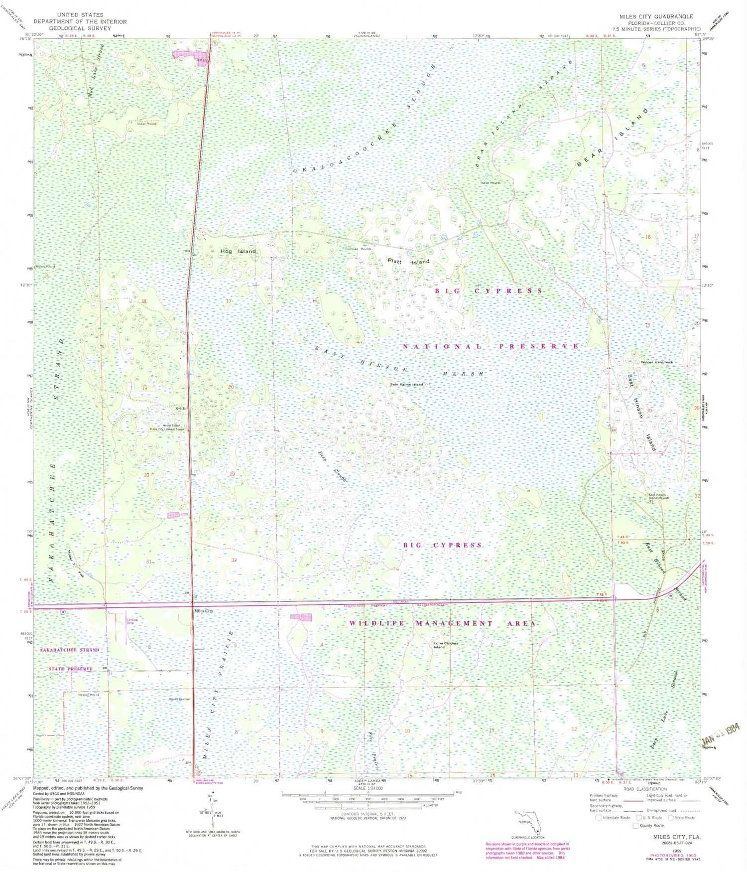 Classic USGS Miles City Florida 7.5'x7.5' Topo Map Image