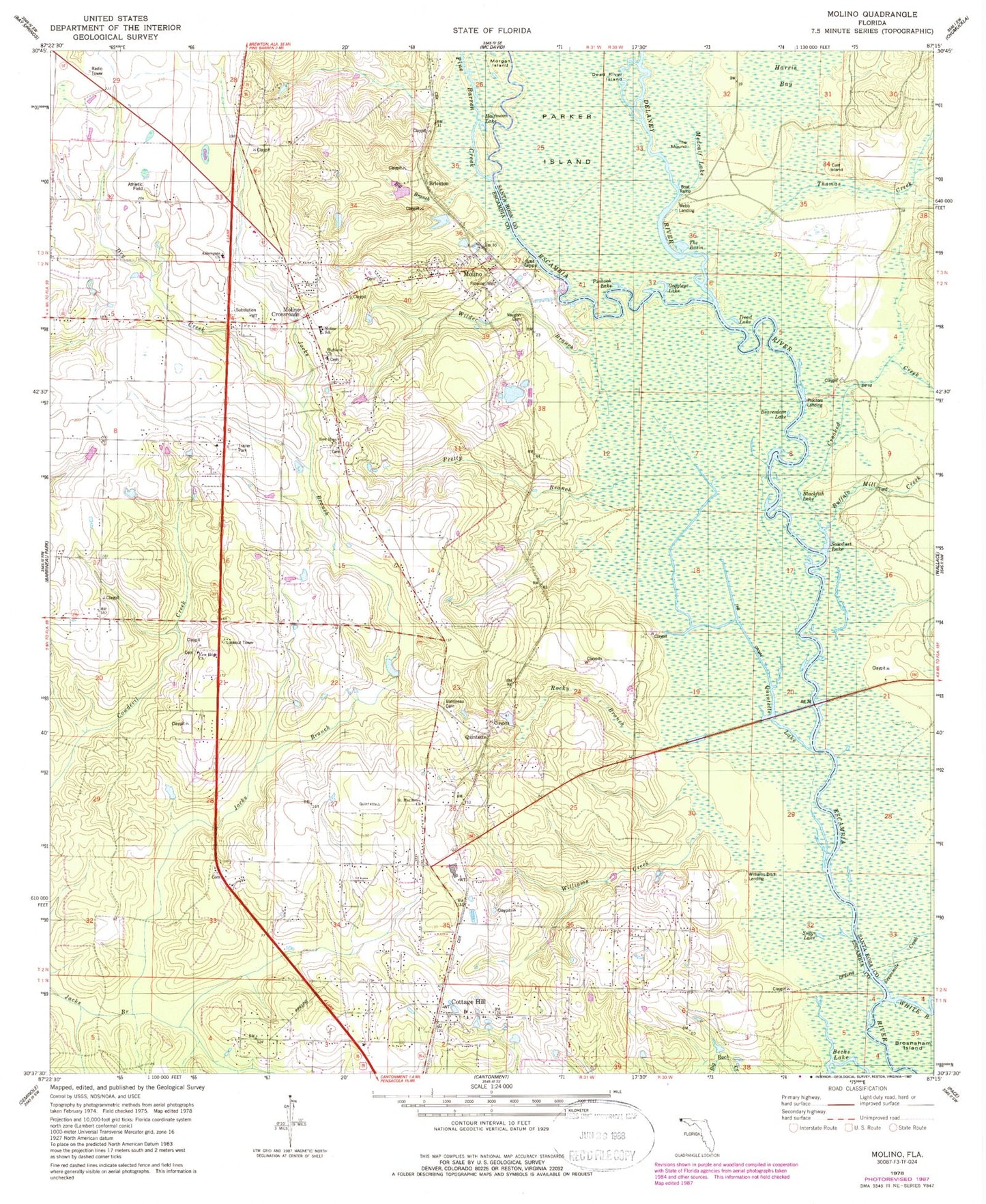 Classic USGS Molino Florida 7.5'x7.5' Topo Map Image
