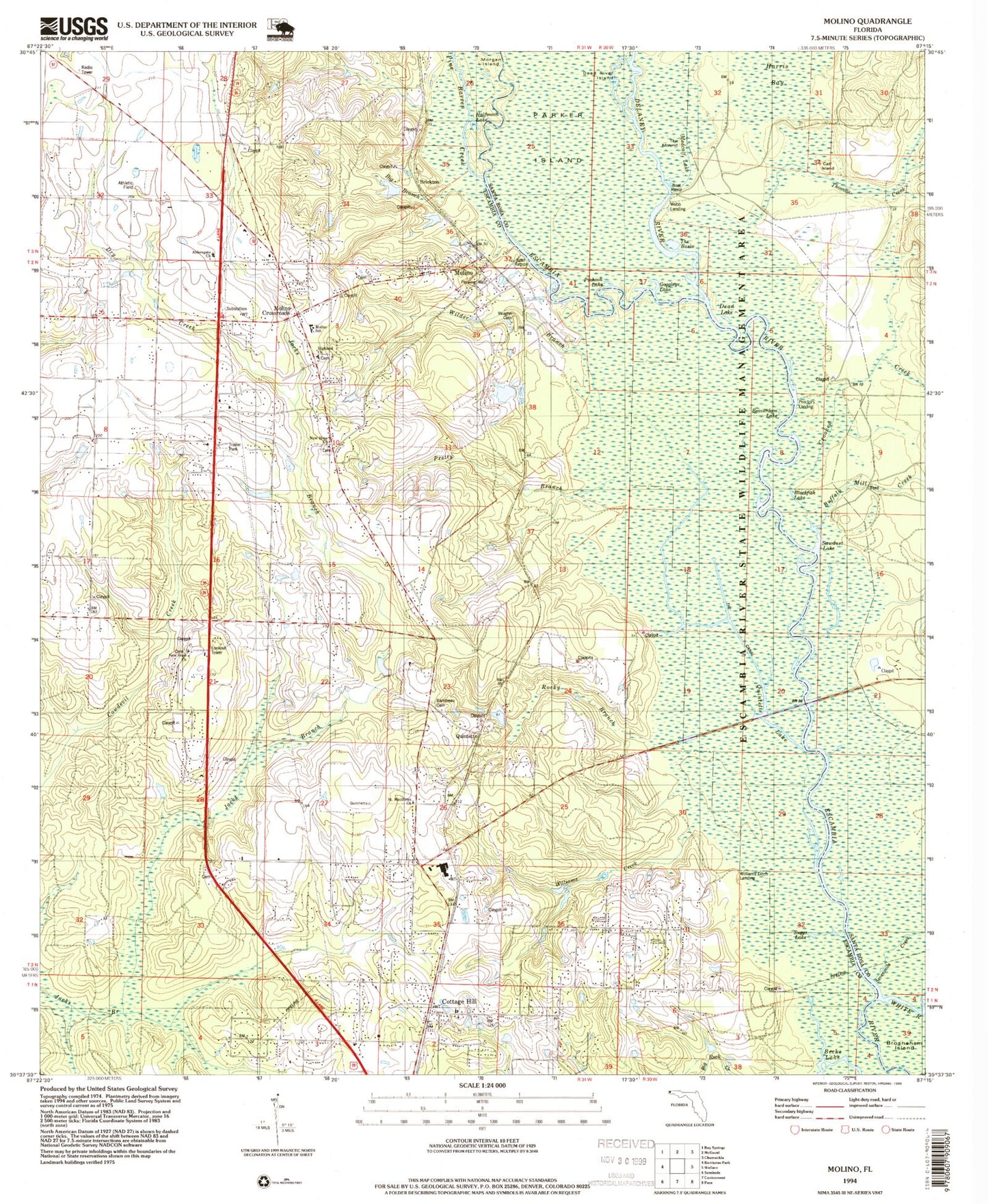 Classic USGS Molino Florida 7.5'x7.5' Topo Map Image