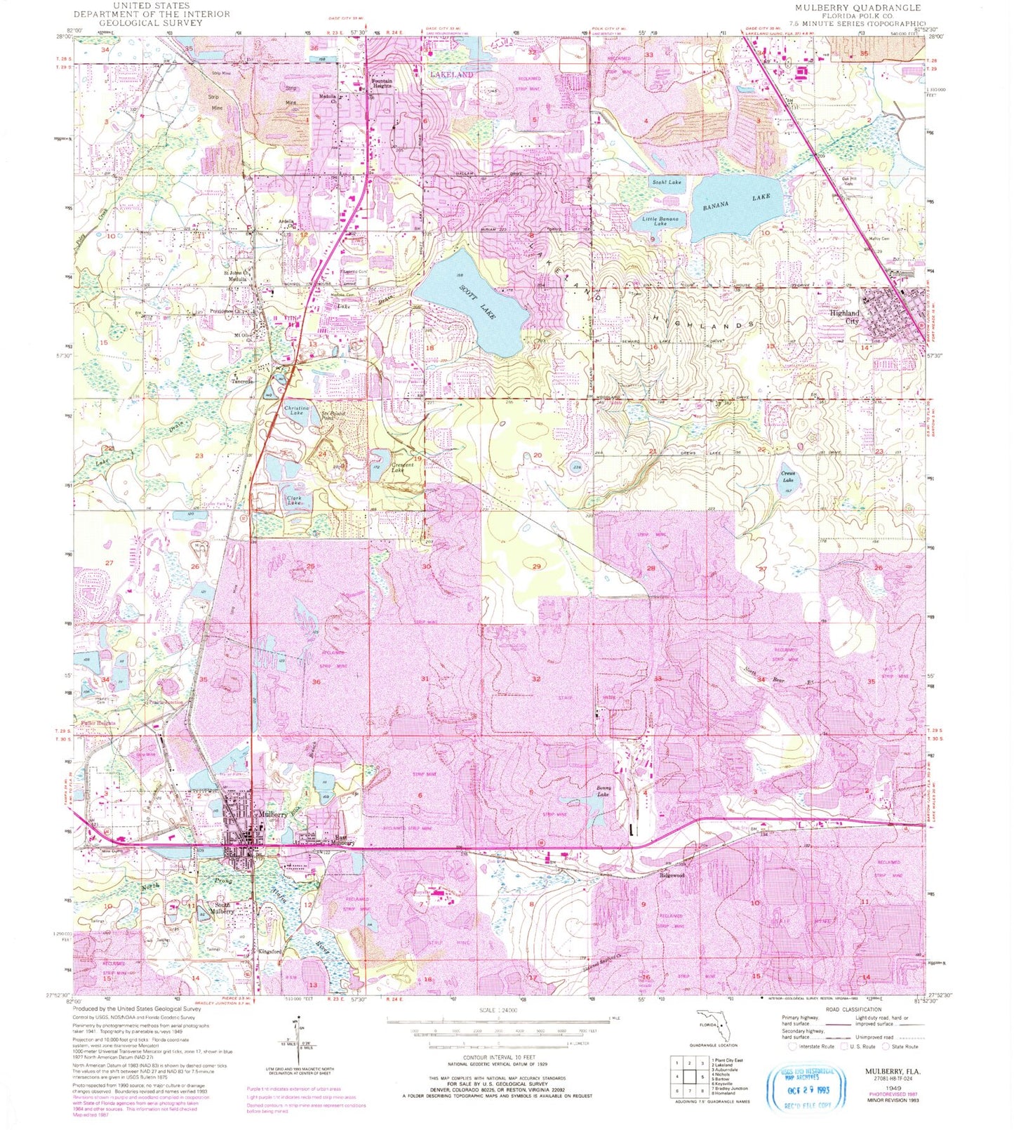Classic USGS Mulberry Florida 7.5'x7.5' Topo Map Image
