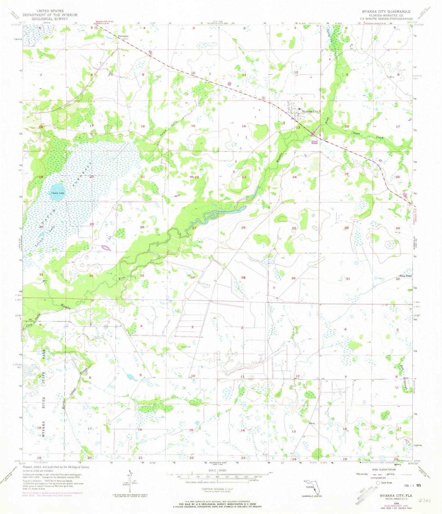 Classic USGS Myakka City Florida 7.5'x7.5' Topo Map Image