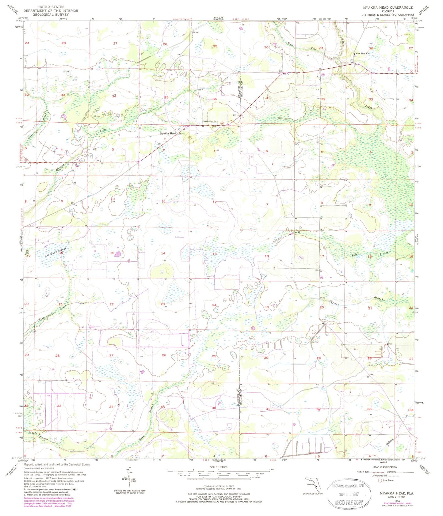 Classic USGS Myakka Head Florida 7.5'x7.5' Topo Map Image