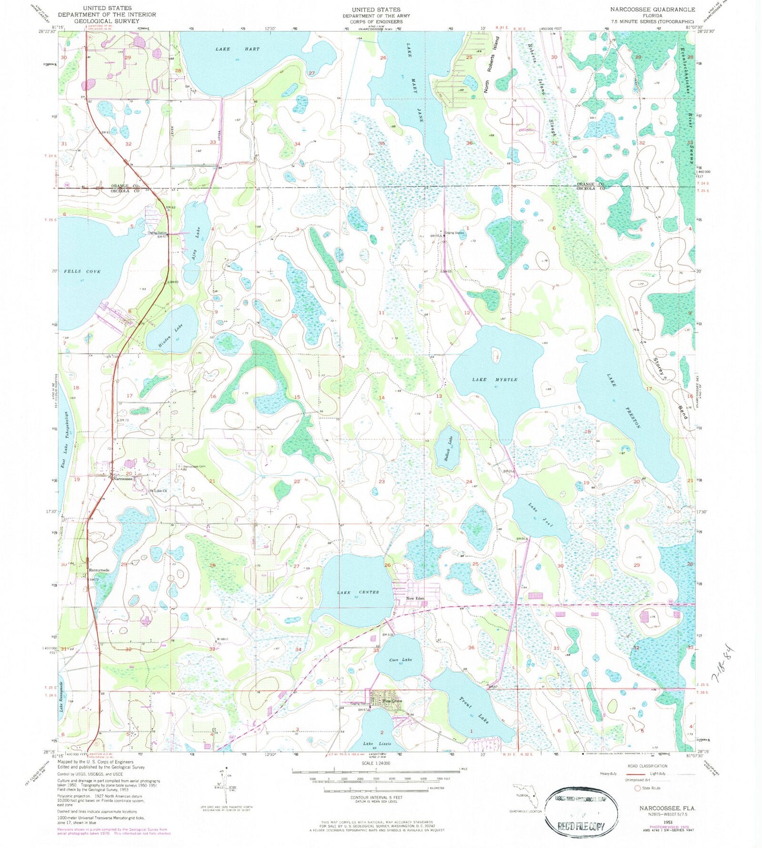 Classic USGS Narcoossee Florida 7.5'x7.5' Topo Map Image