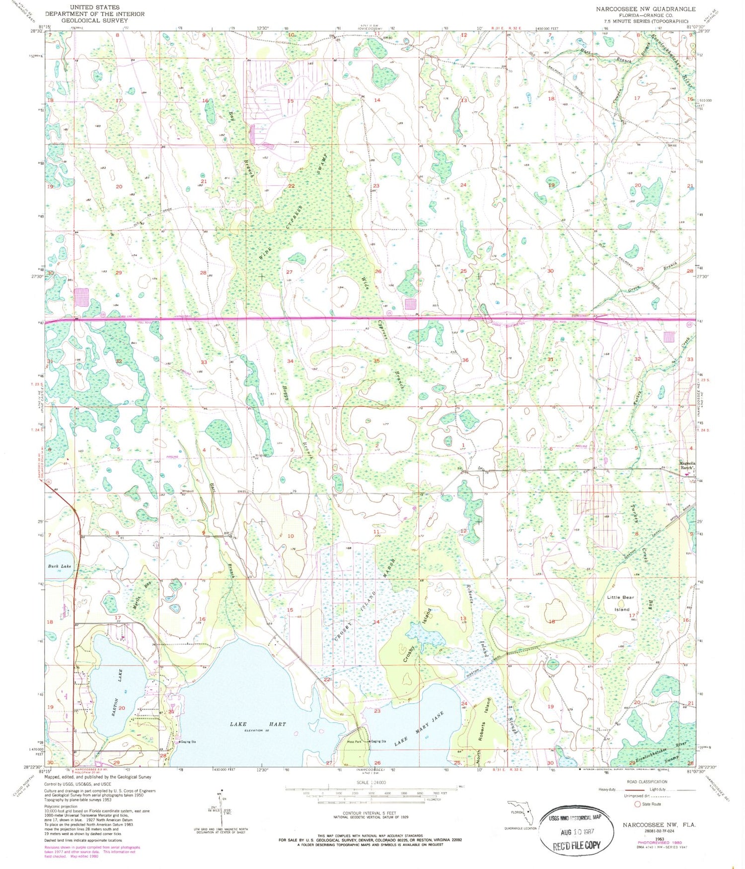 Classic USGS Narcoossee NW Florida 7.5'x7.5' Topo Map Image
