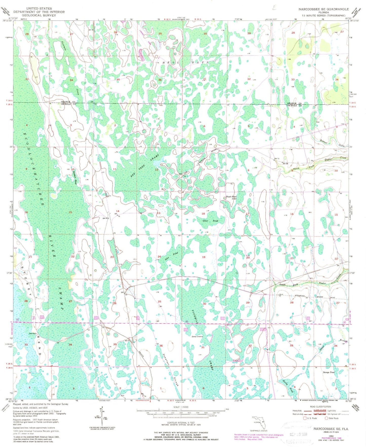 Classic USGS Narcoossee SE Florida 7.5'x7.5' Topo Map Image