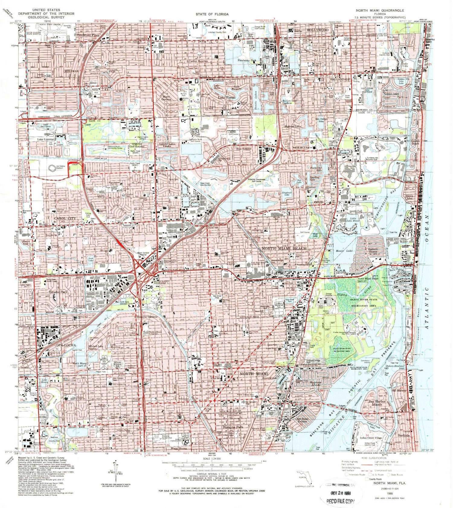 Classic USGS North Miami Florida 7.5'x7.5' Topo Map Image