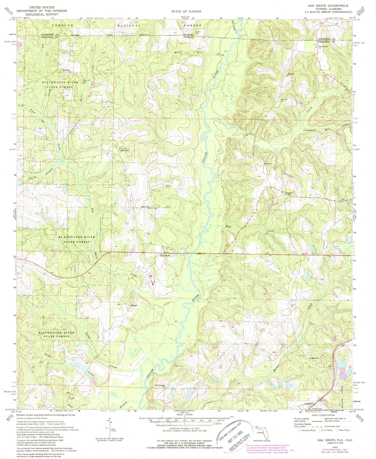 Classic USGS Oak Grove Florida 7.5'x7.5' Topo Map Image