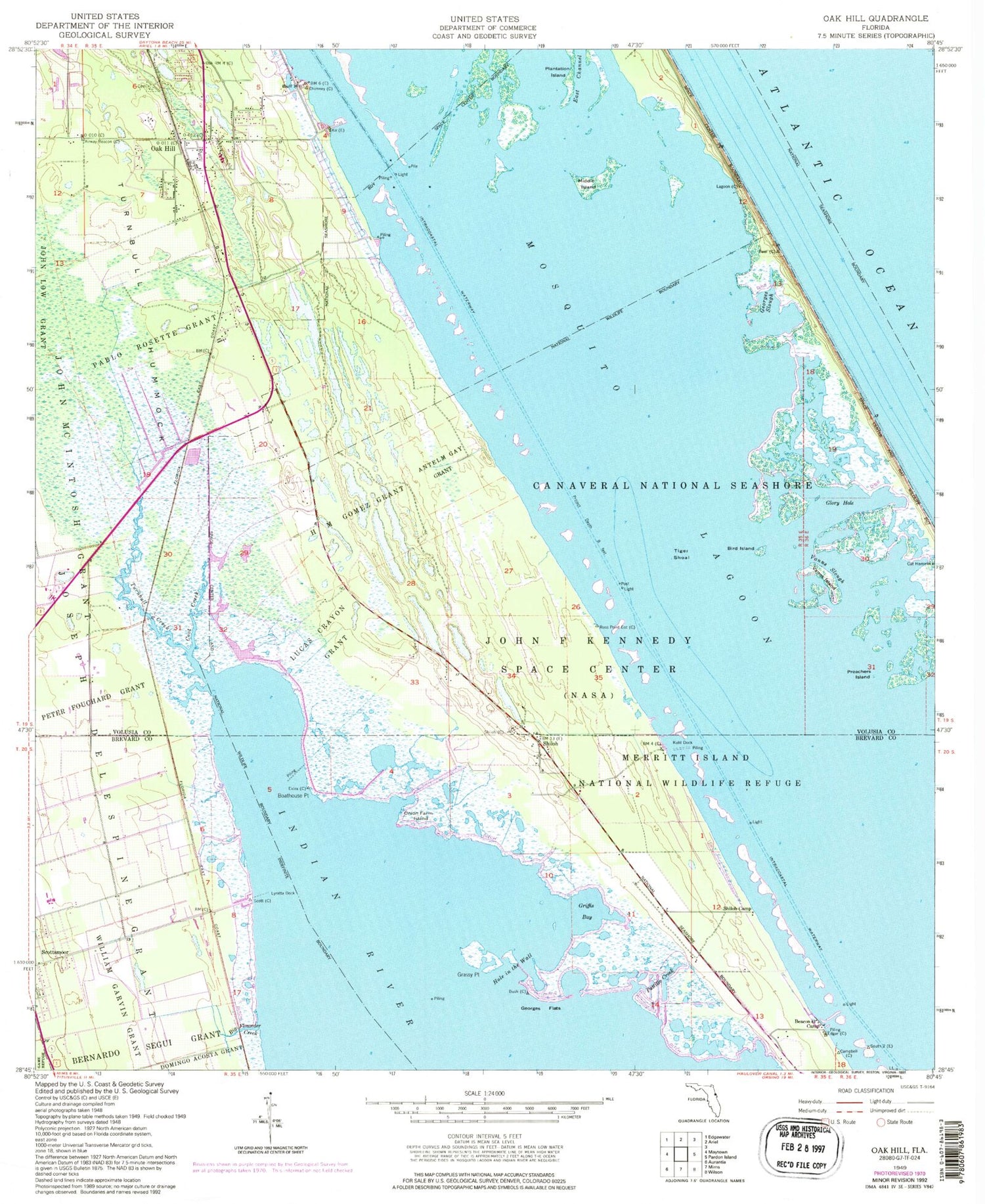 Classic USGS Oak Hill Florida 7.5'x7.5' Topo Map Image