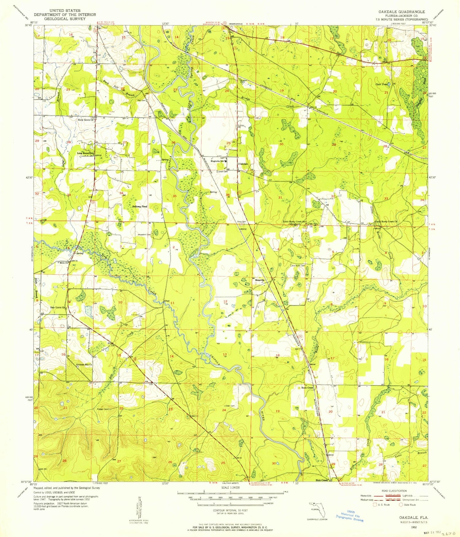 Classic USGS Oakdale Florida 7.5'x7.5' Topo Map Image