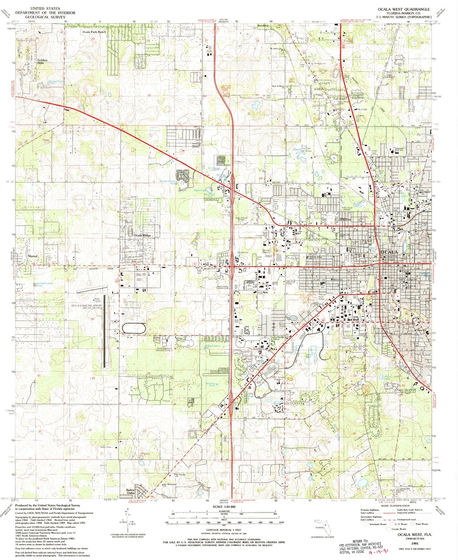 Classic USGS Ocala West Florida 7.5'x7.5' Topo Map Image