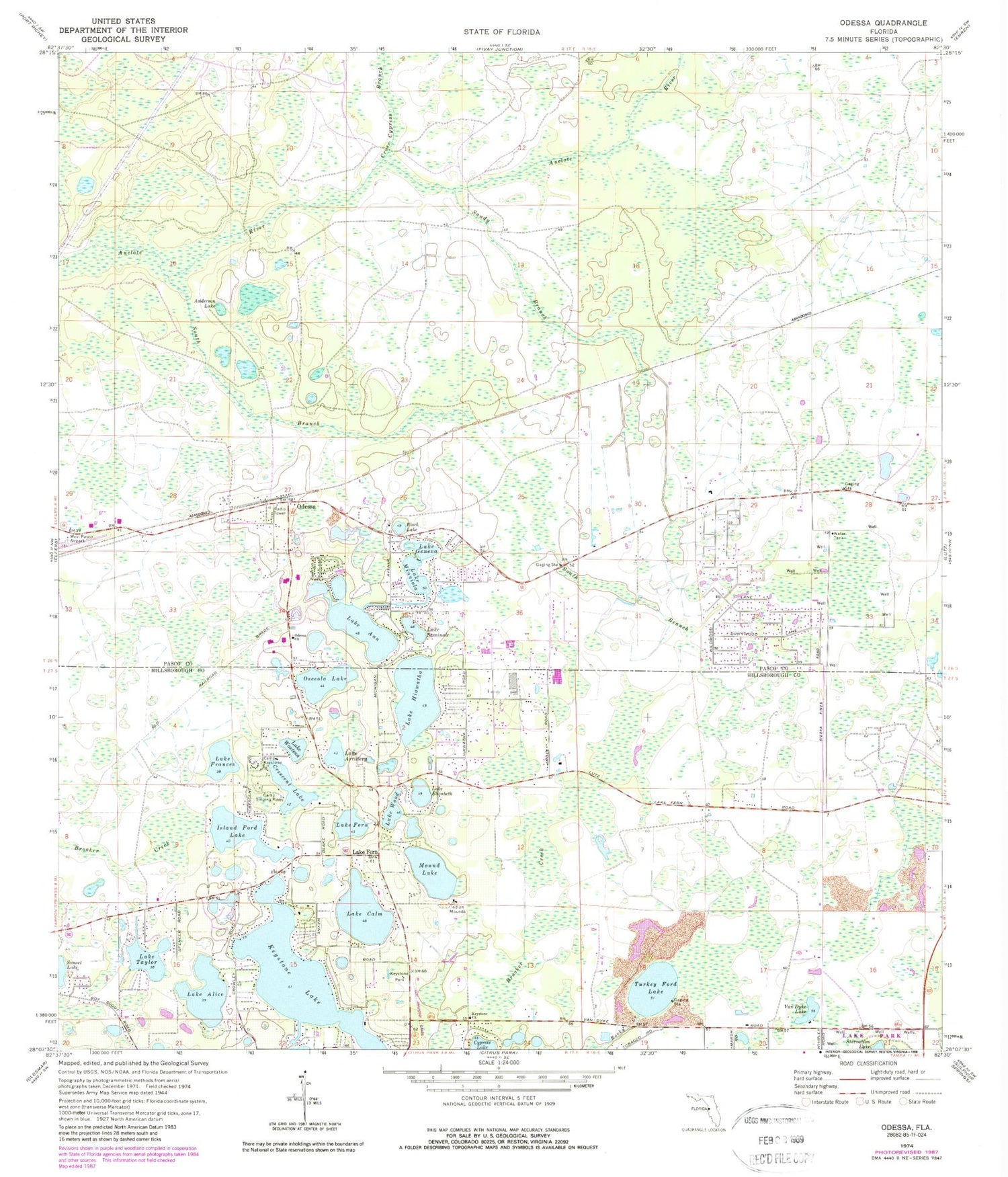 Classic USGS Odessa Florida 7.5'x7.5' Topo Map Image