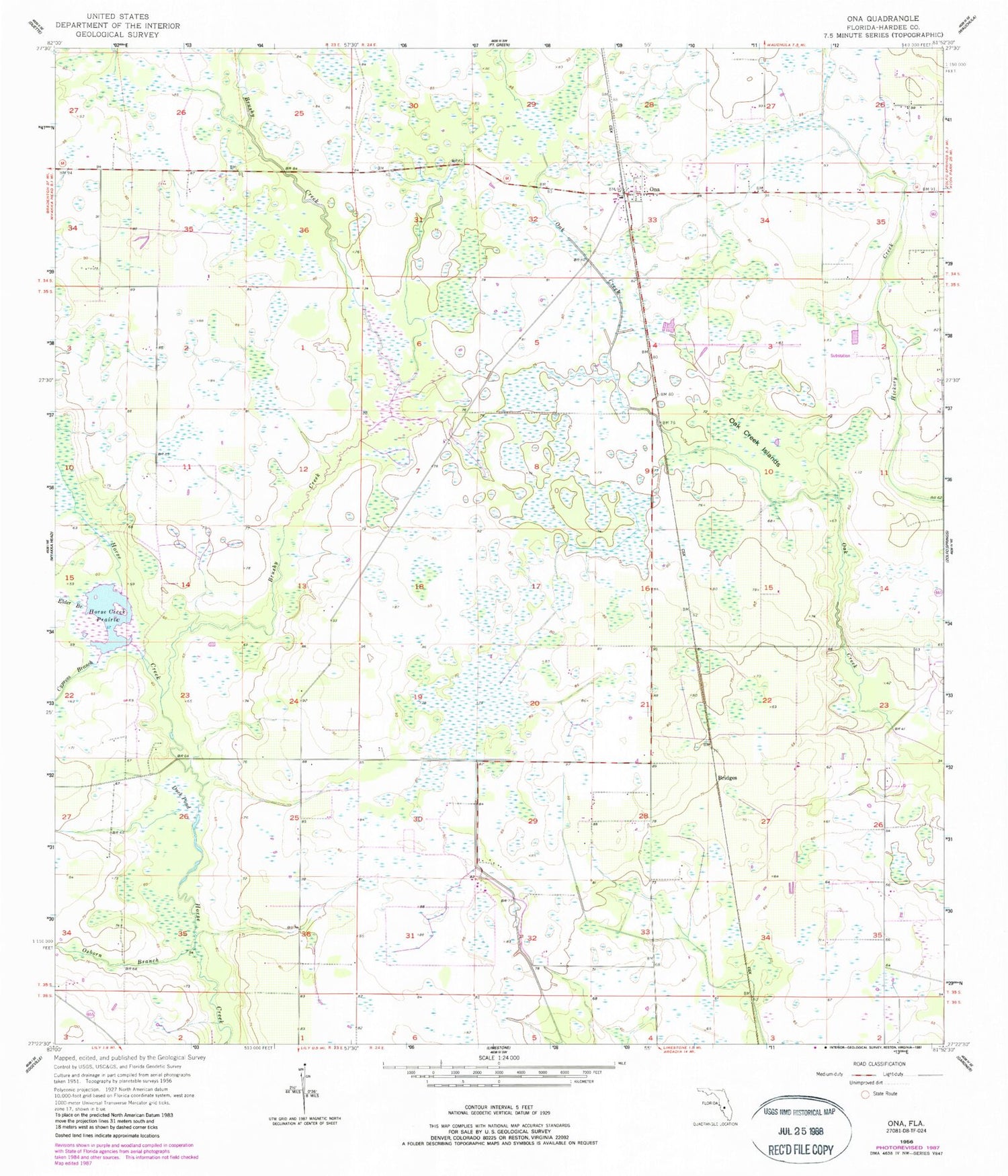 Classic USGS Ona Florida 7.5'x7.5' Topo Map Image