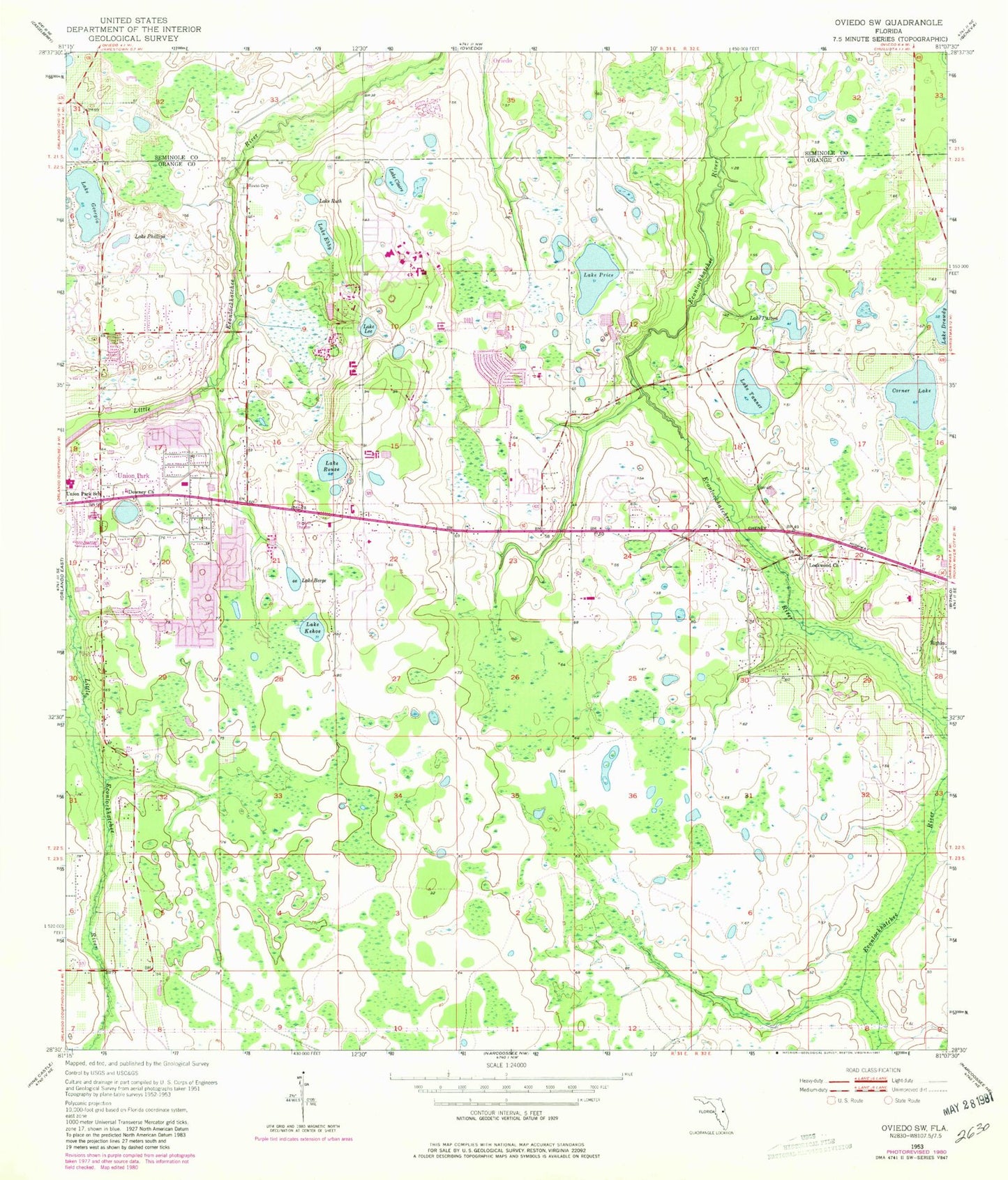 Classic USGS Oviedo SW Florida 7.5'x7.5' Topo Map Image