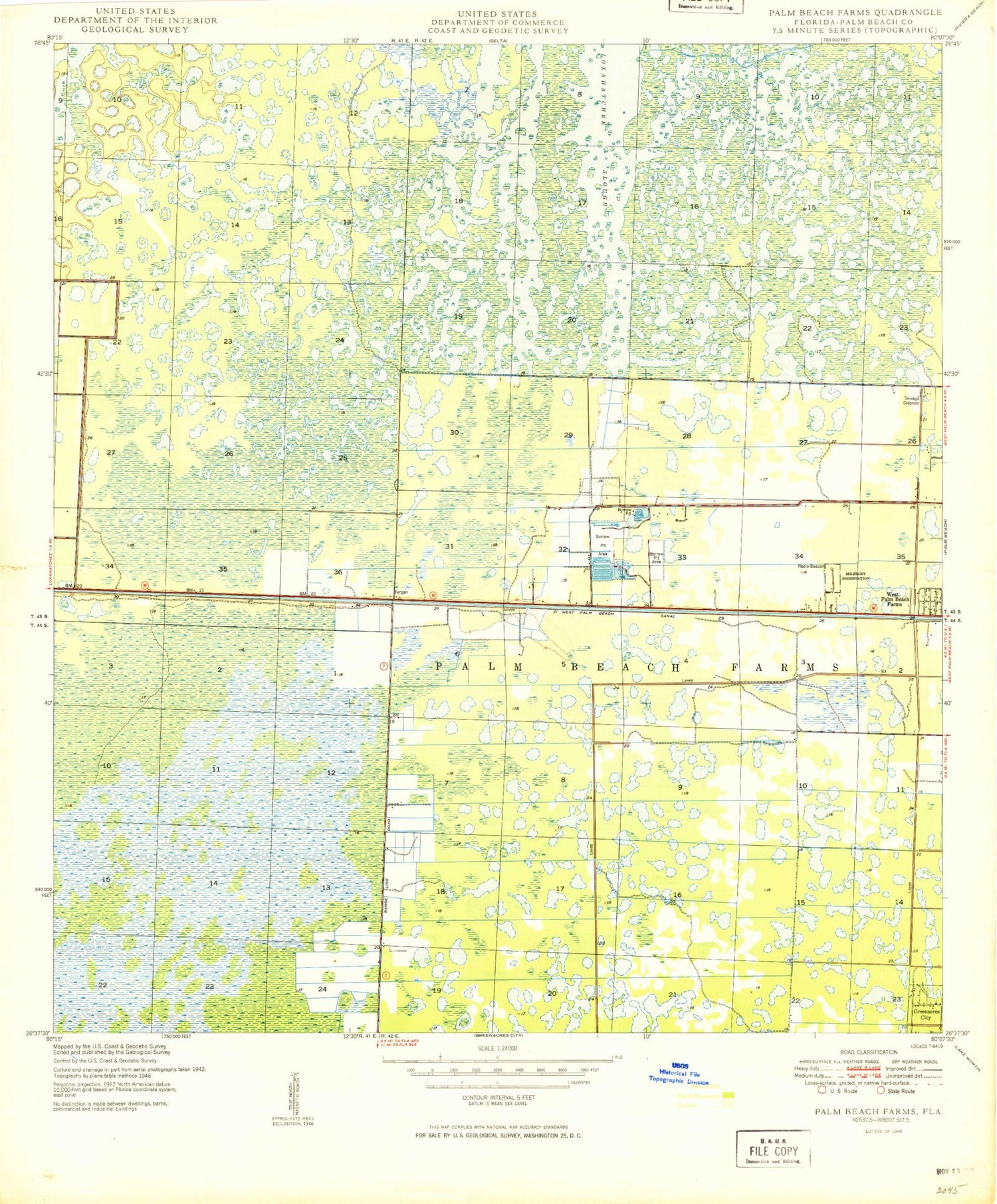 Classic USGS Palm Beach Farms Florida 7.5'x7.5' Topo Map Image