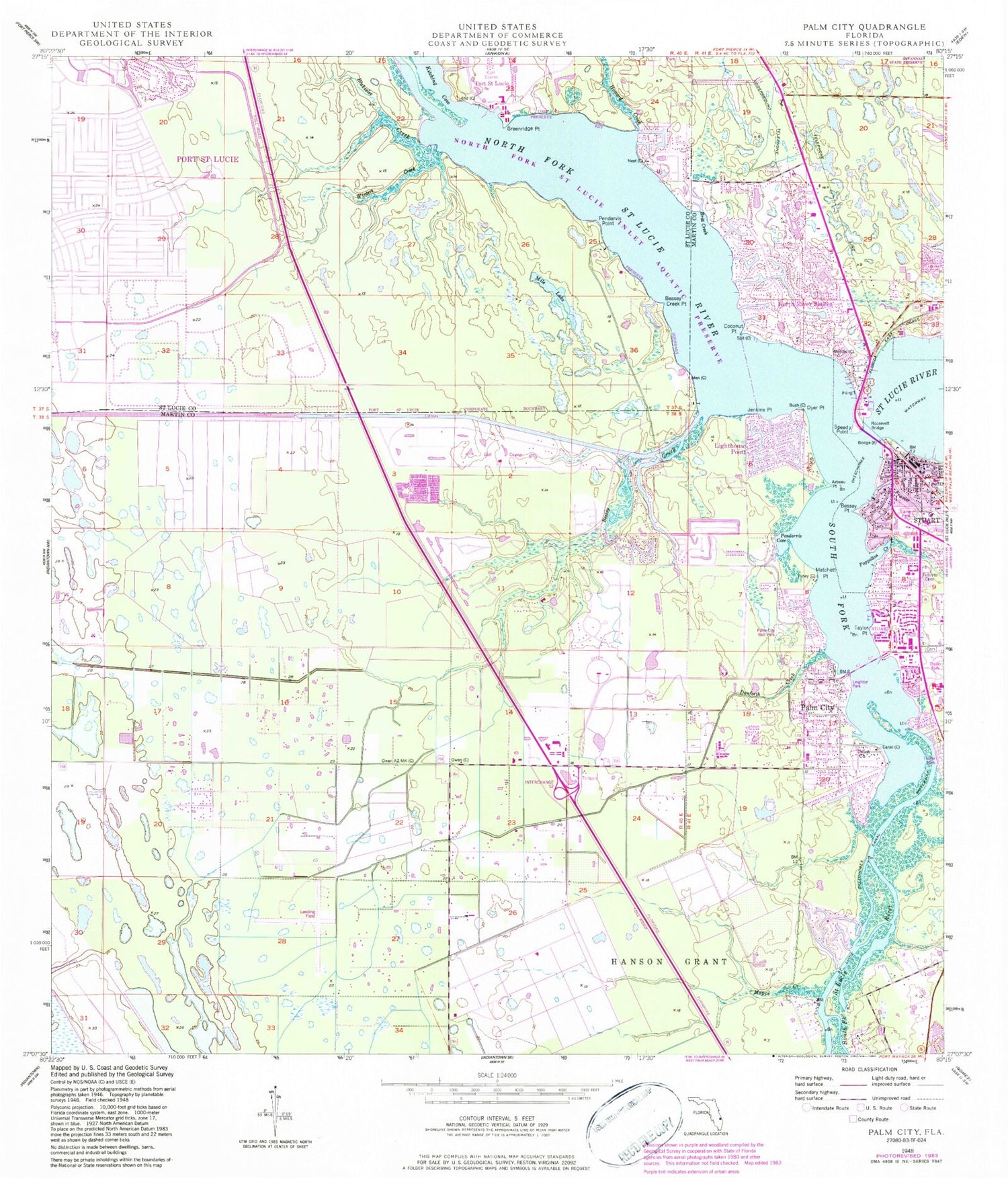 Classic USGS Palm City Florida 7.5'x7.5' Topo Map Image