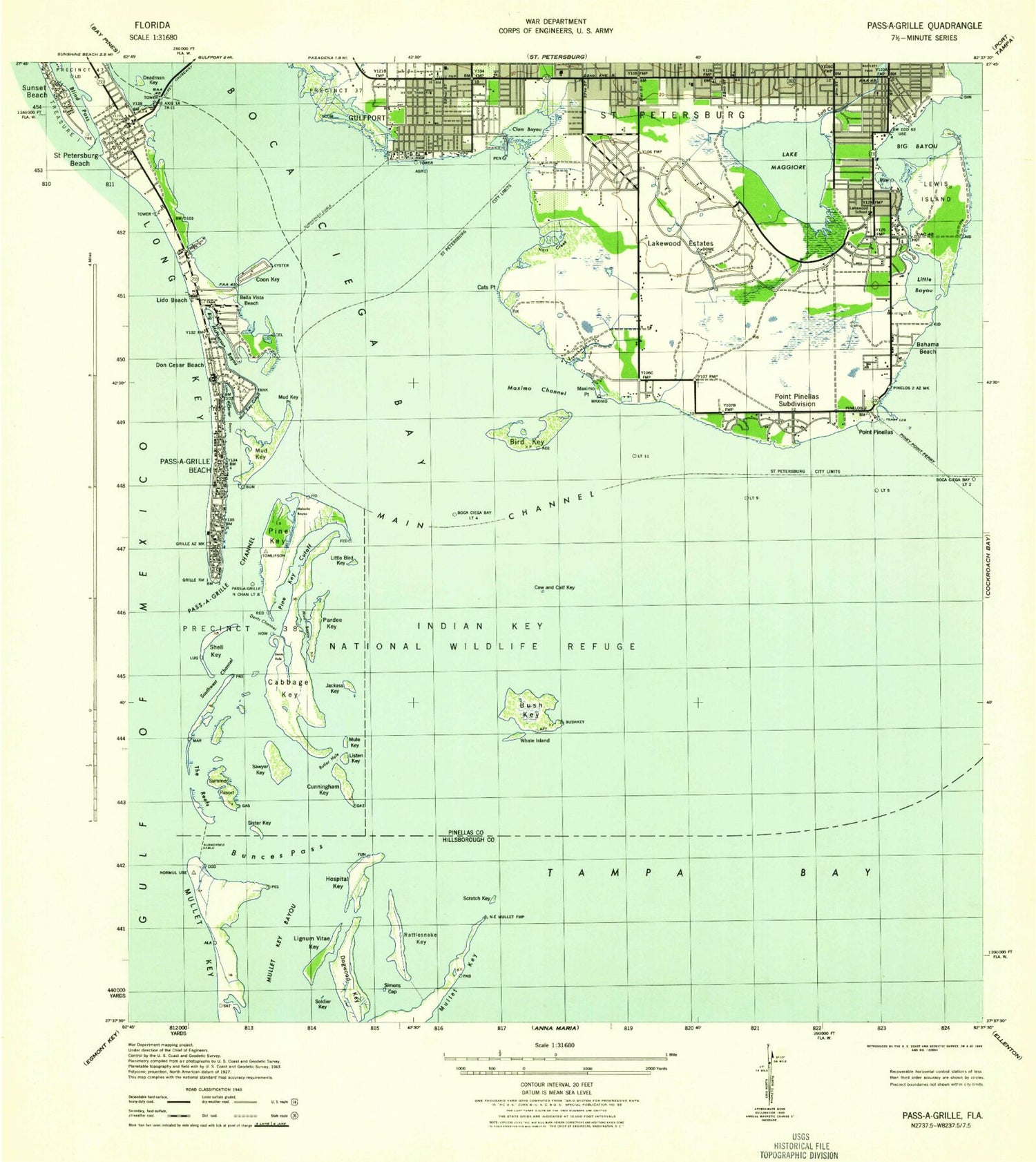 Classic USGS Pass-a-Grille Beach Florida 7.5'x7.5' Topo Map Image