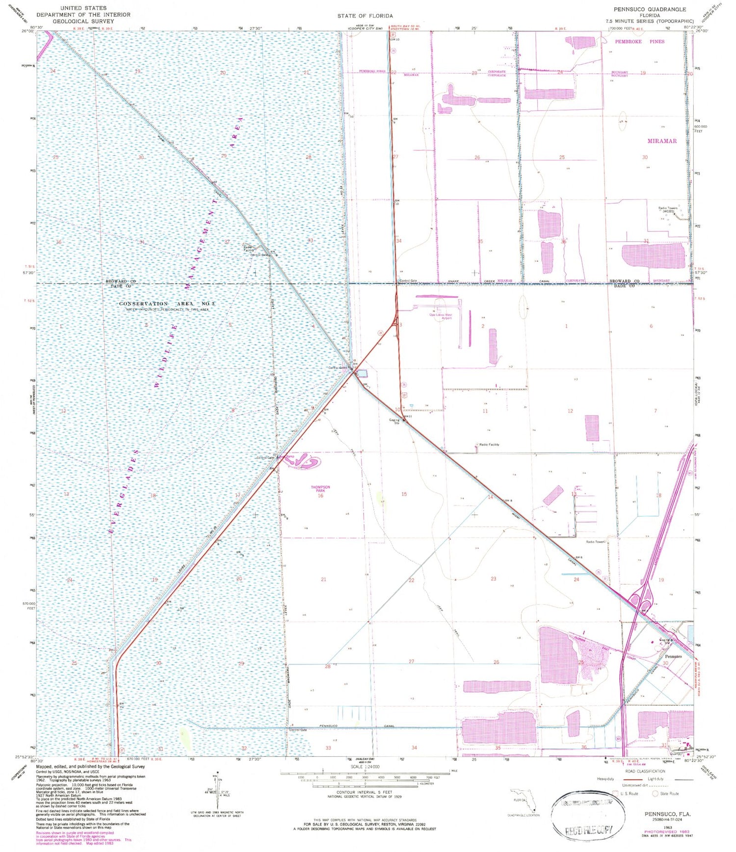 Classic USGS Pennsuco Florida 7.5'x7.5' Topo Map Image