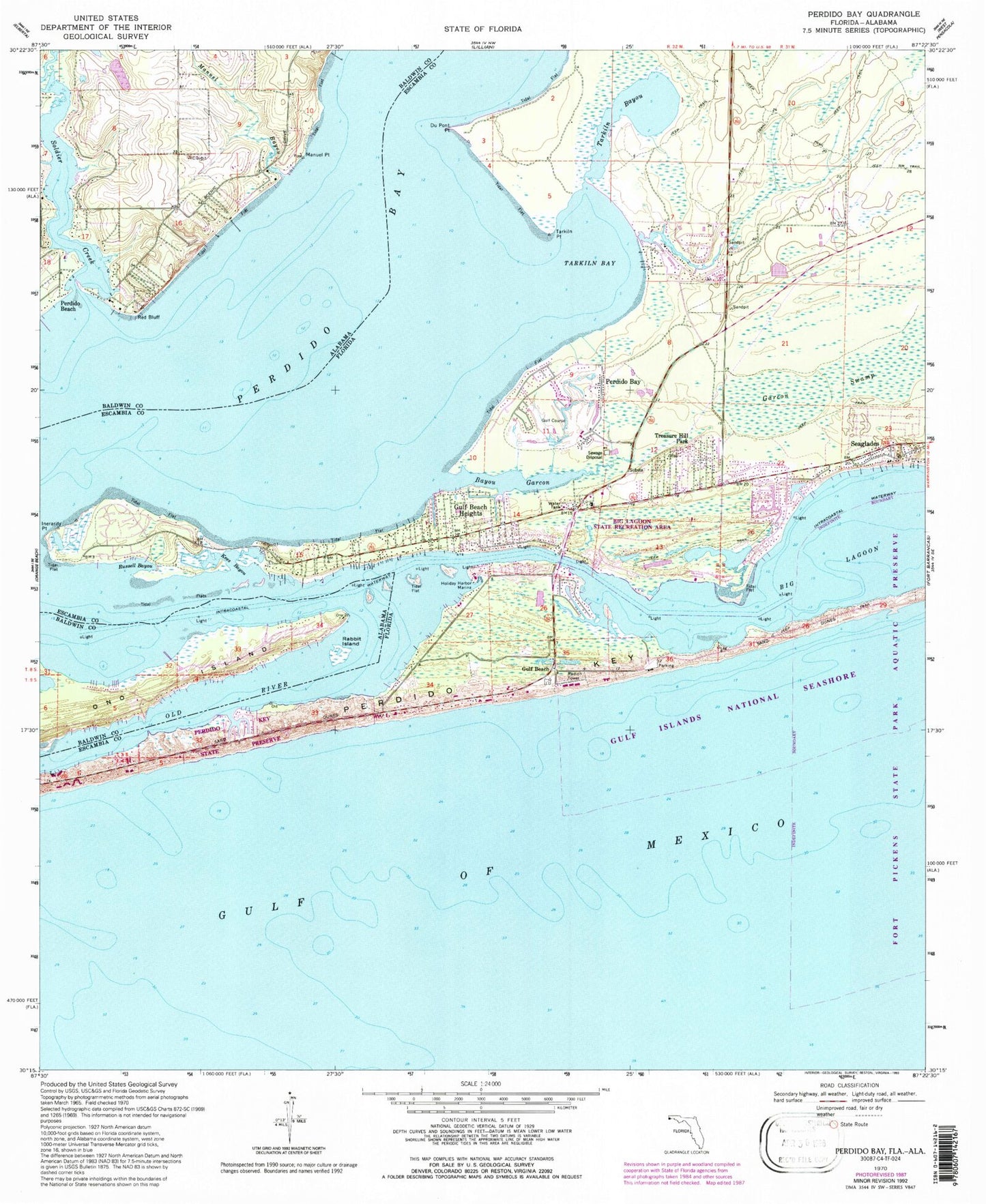 Classic USGS Perdido Bay Florida 7.5'x7.5' Topo Map Image