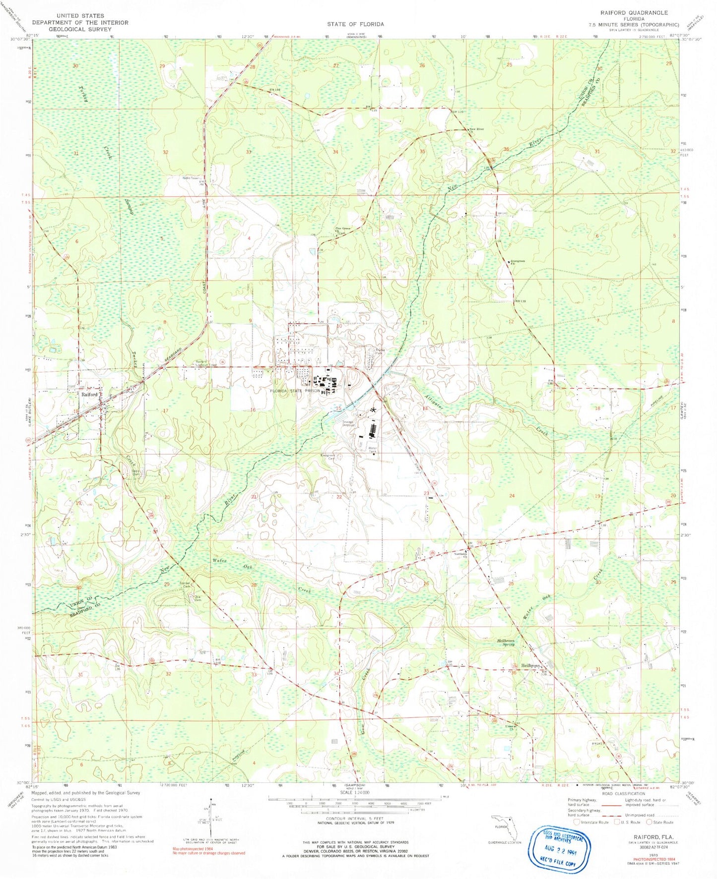 Classic USGS Raiford Florida 7.5'x7.5' Topo Map Image
