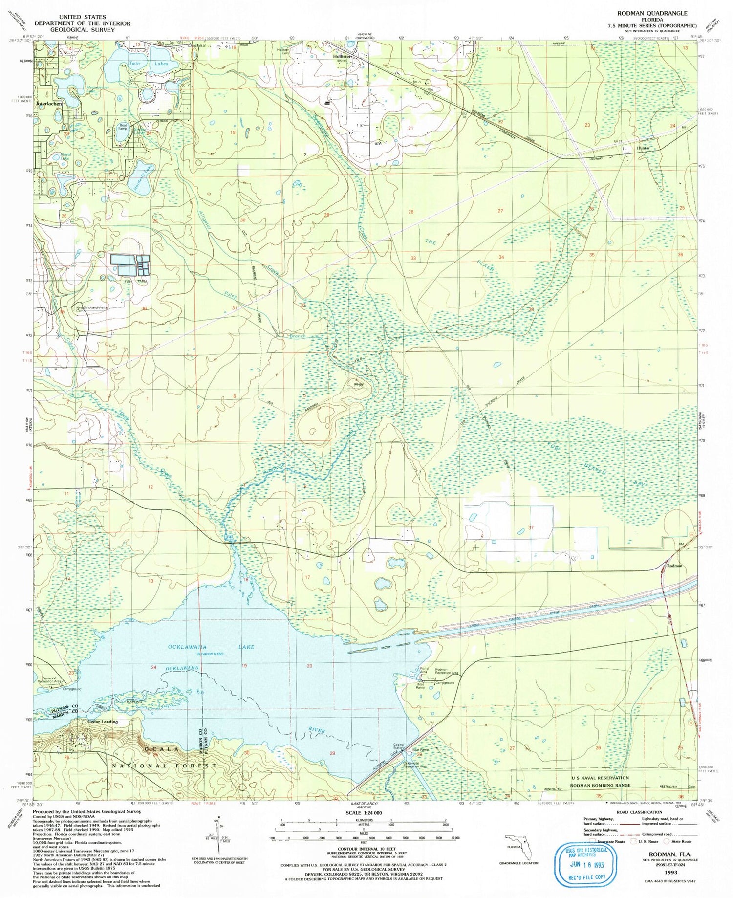 Classic USGS Rodman Florida 7.5'x7.5' Topo Map Image