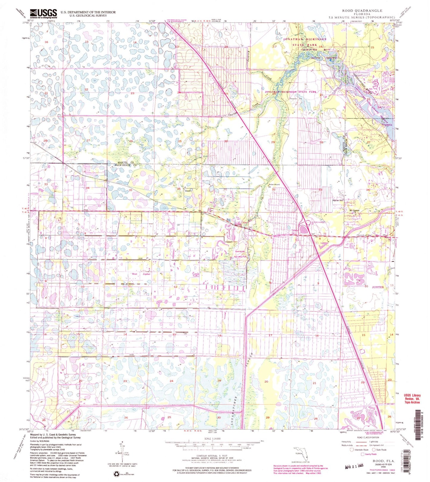 Classic USGS Rood Florida 7.5'x7.5' Topo Map Image
