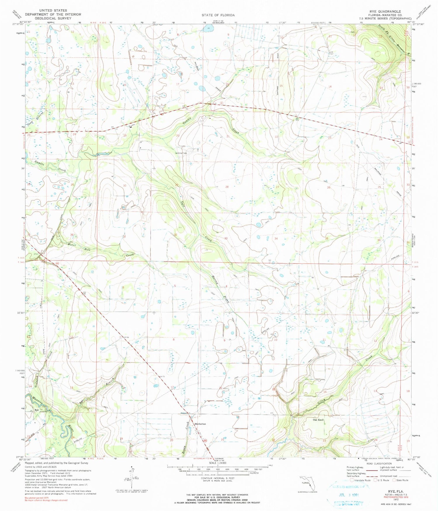 Classic USGS Rye Florida 7.5'x7.5' Topo Map Image