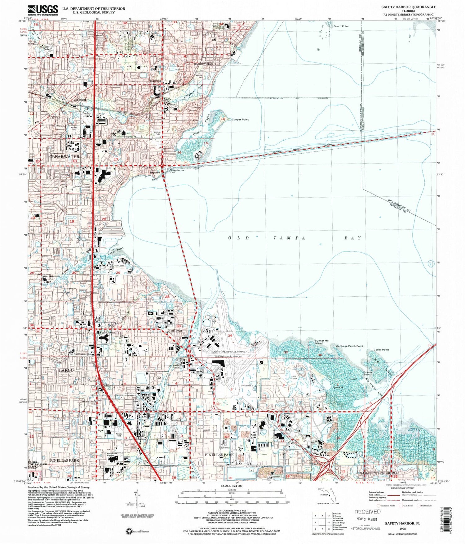 Classic USGS Safety Harbor Florida 7.5'x7.5' Topo Map Image