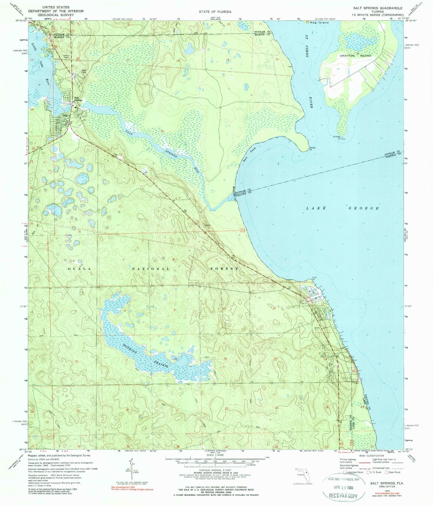 Classic USGS Salt Springs Florida 7.5'x7.5' Topo Map Image