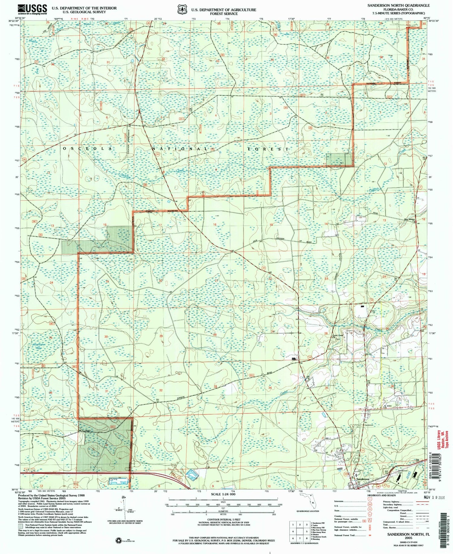 Classic USGS Sanderson North Florida 7.5'x7.5' Topo Map Image