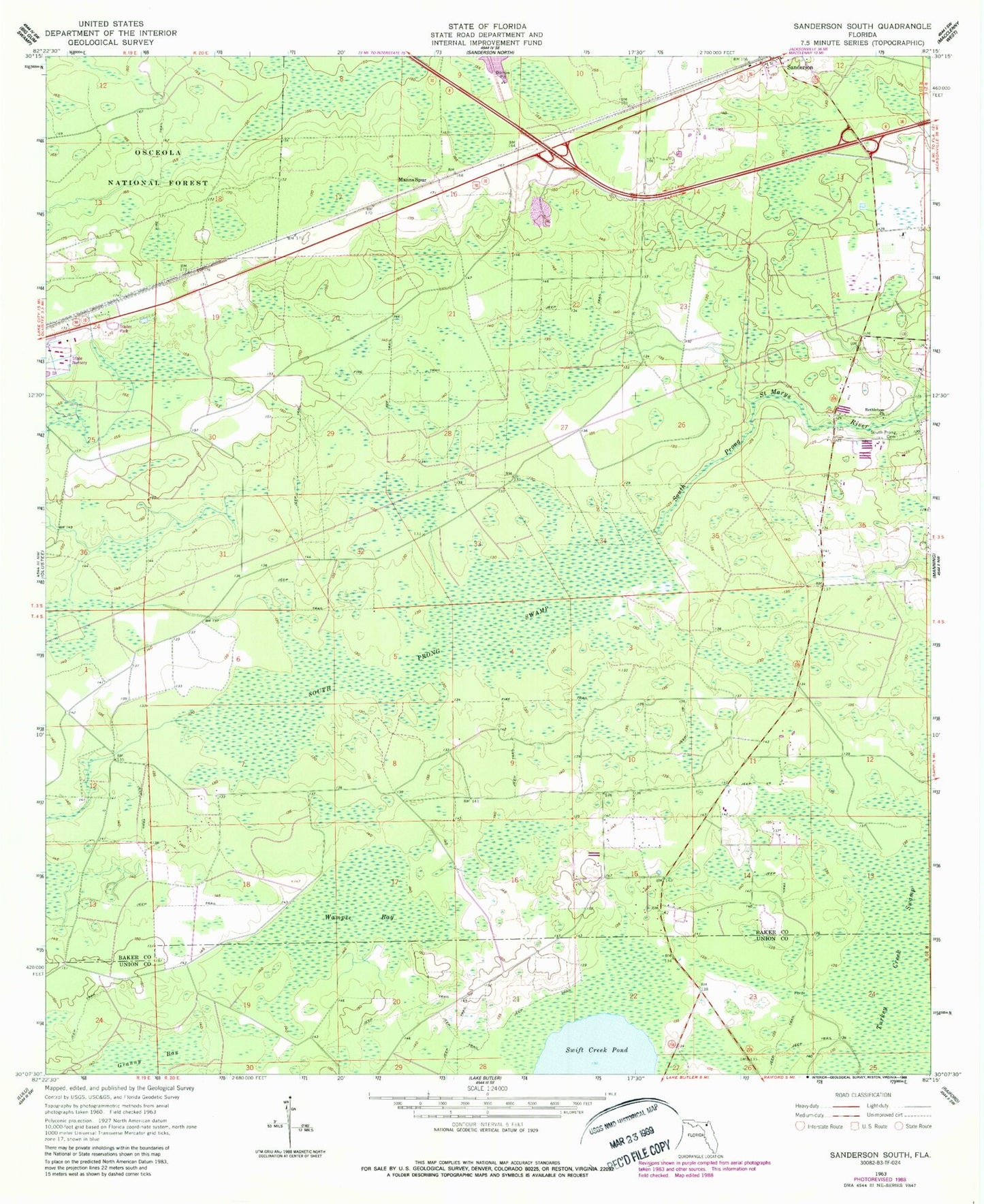 Classic USGS Sanderson South Florida 7.5'x7.5' Topo Map Image