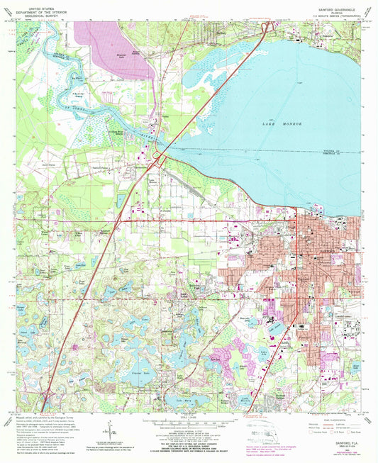 Classic USGS Sanford Florida 7.5'x7.5' Topo Map Image