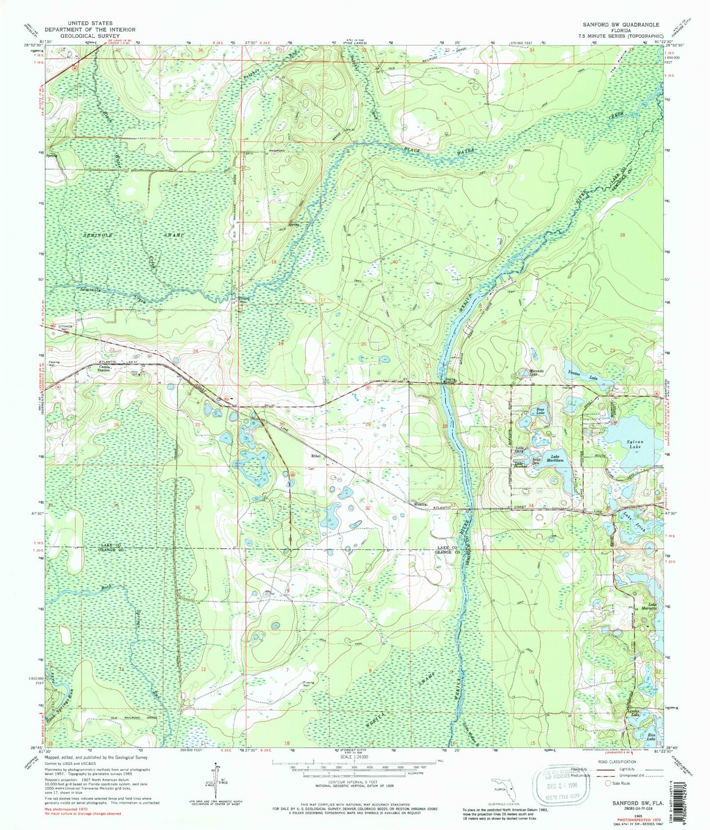 Classic USGS Sanford SW Florida 7.5'x7.5' Topo Map Image