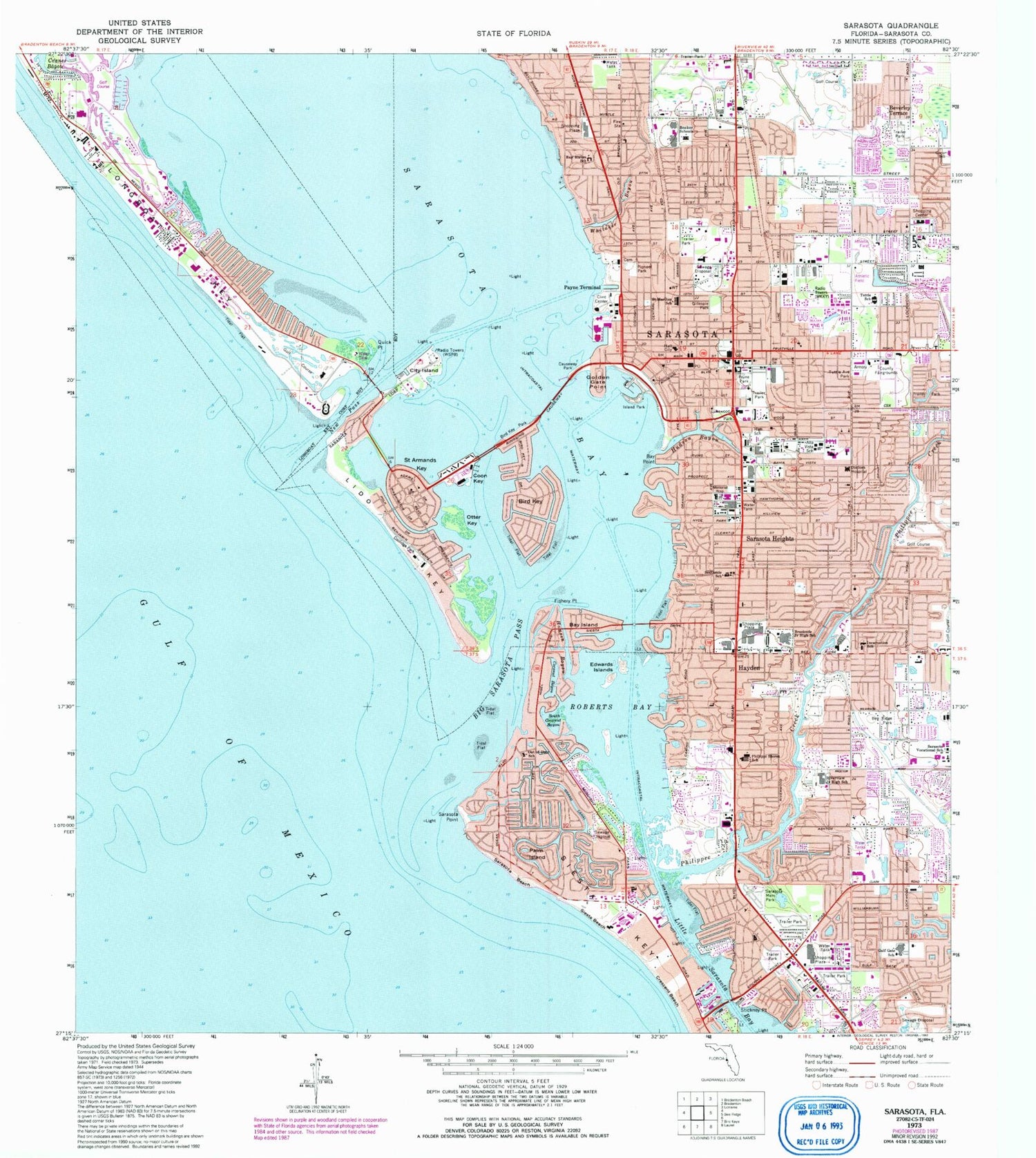 Classic USGS Sarasota Florida 7.5'x7.5' Topo Map Image